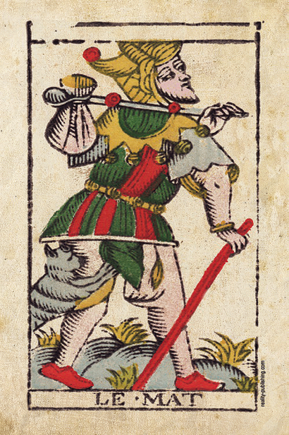 The Fool tarot card from the Marseille deck — the first card in the Major Arcana, ready to be shuffled into a new reading