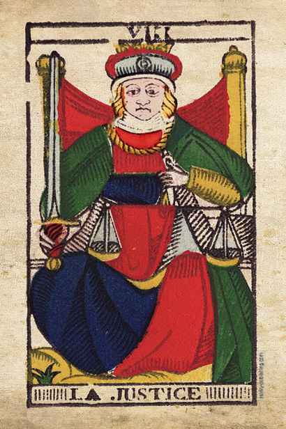Justice tarot card from the Marseille deck — representing truth, accountability, and balanced decision-making