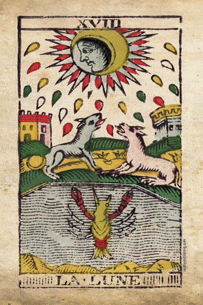 The Moon tarot card from the Marseille deck — a card that frequently prompts deep journaling about illusion and intuition