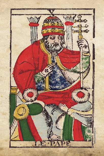 The Hierophant tarot card from the Marseille deck — showcasing the bold, traditional art style of the Tarot de Marseille