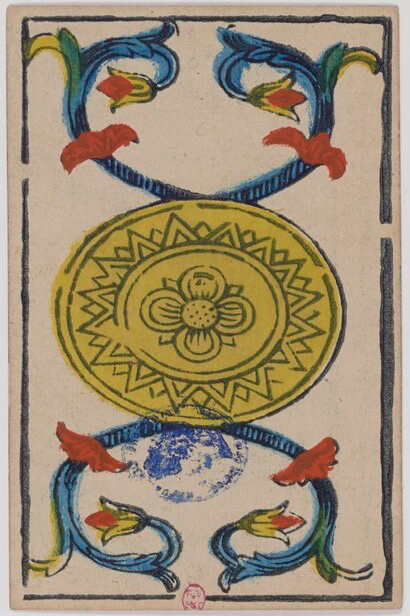 The Ace of Pentacles tarot card from the Marseille deck — representing a new financial opportunity or material beginning