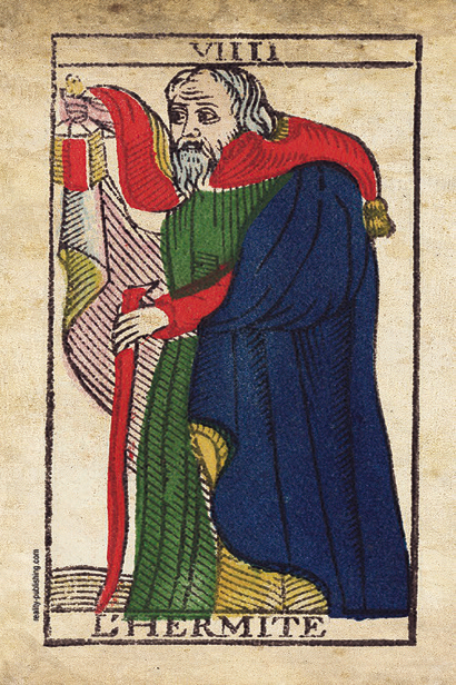 The Hermit tarot card from the Marseille deck — symbolizing the wisdom and solitude of reading for others