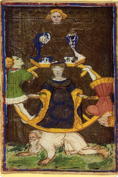 The Wheel of Fortune tarot card from the Visconti deck — representing the randomness and cycles that shuffling invokes