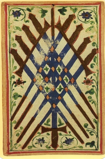 The Nine of Swords tarot card from the Visconti deck — a card that often prompts deep journaling about anxiety and fear