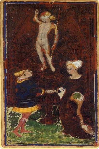 The Lovers tarot card from the Visconti deck — representing partnership, choice, and deep connection in love readings
