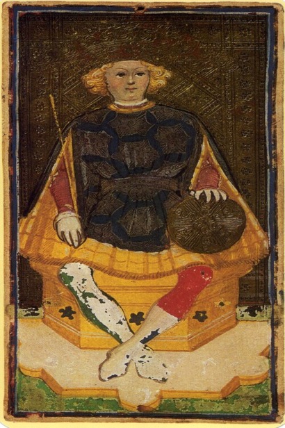 The King of Pentacles tarot card from the Visconti deck — representing financial success, business leadership, and career mastery
